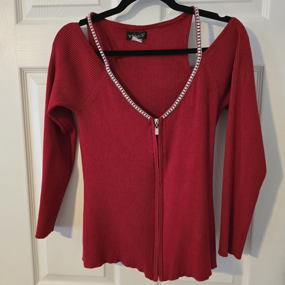 Venus Ruby Ribbed Zip Front Blouse - image 1